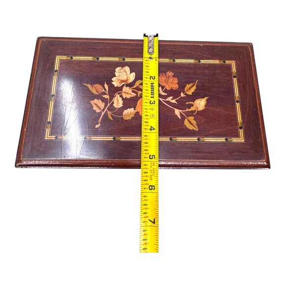 Exquisite Mahogany Wooden Jewelry Box Floral Marquetry Inlay & Mirror Interior - Picture 8 of 11